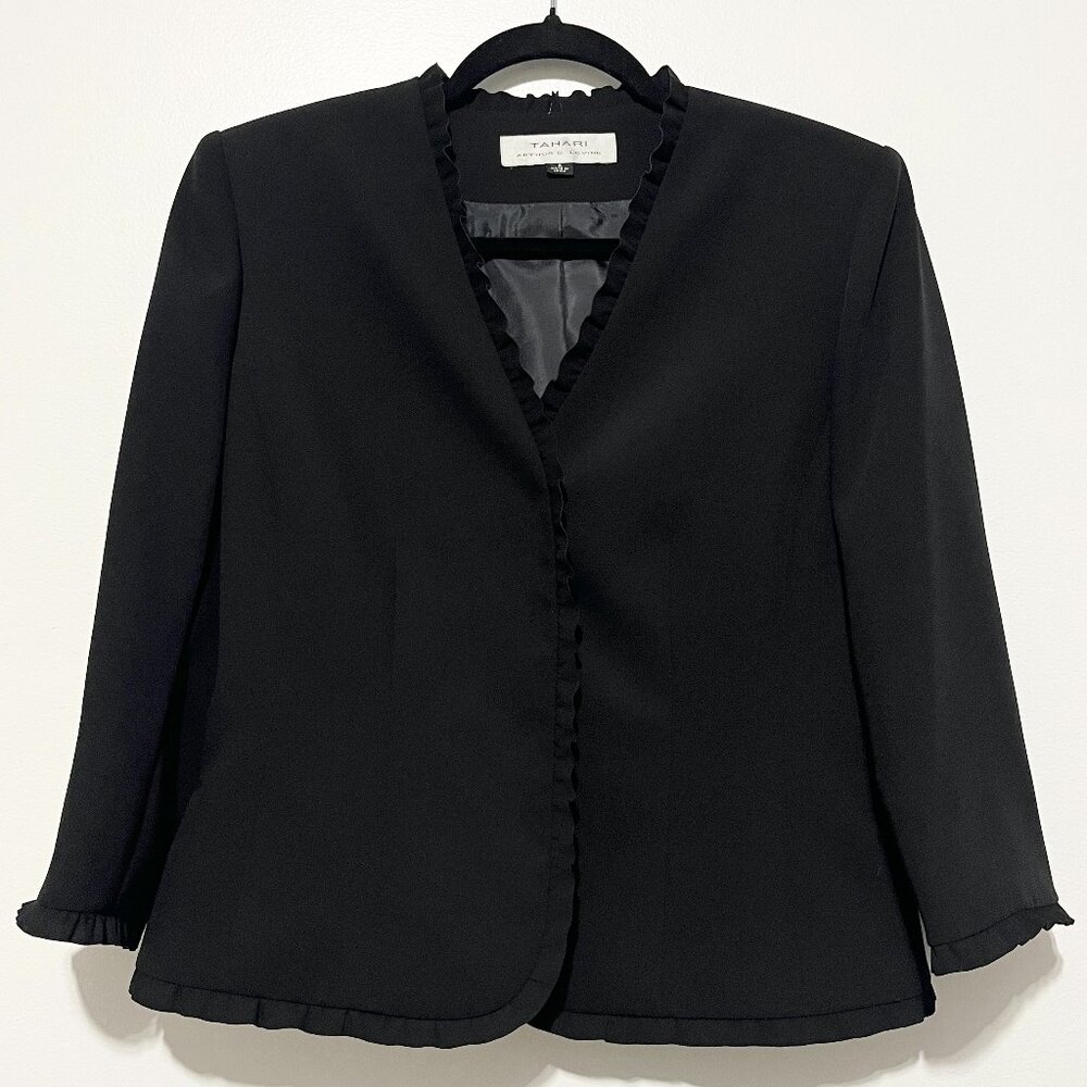 Tahari Arthur S Levine Womens Ruffle Blazer 6 Black Corporate Goth Professional